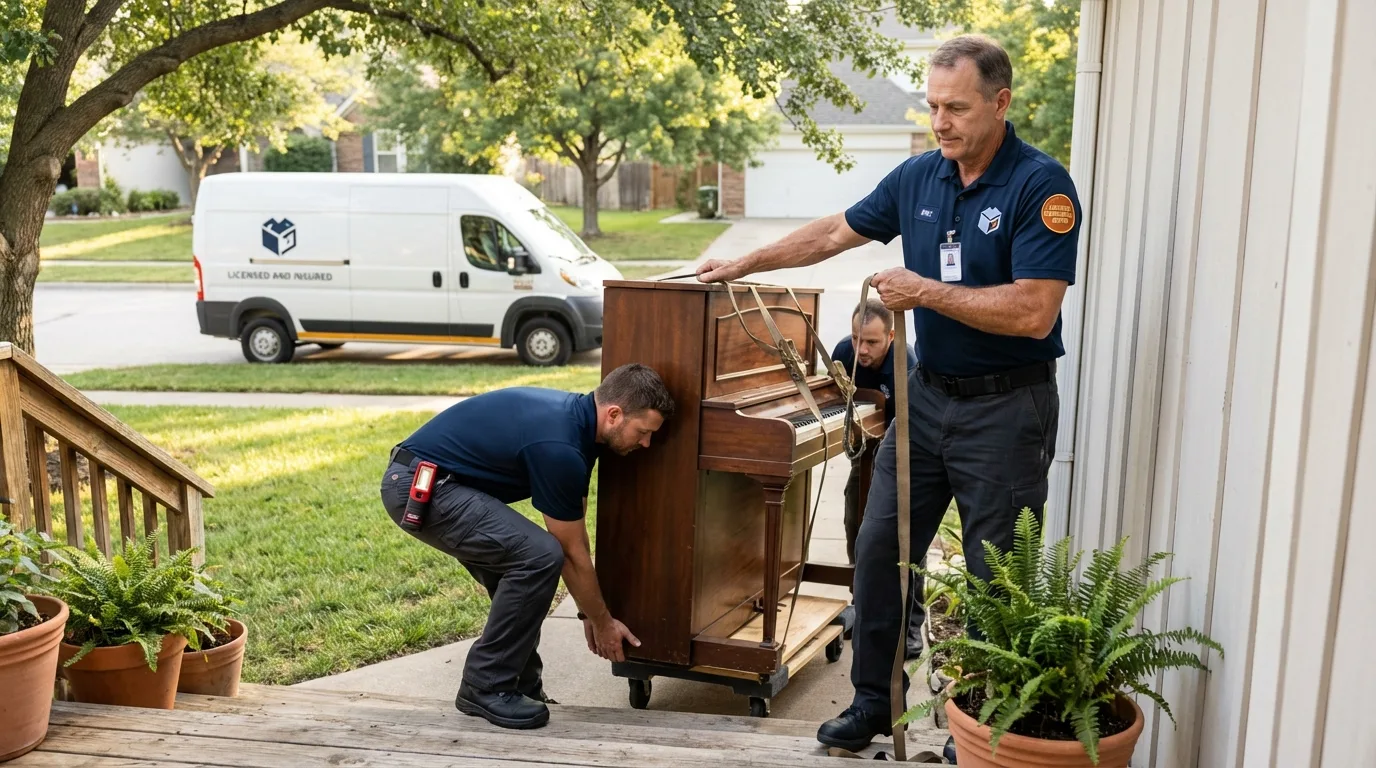 Licensed piano movers securing grand piano in Placerville, CA
