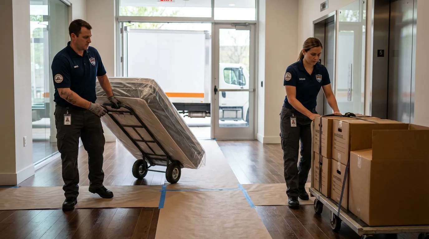 Professional apartment movers loading elevator in Placerville, CA