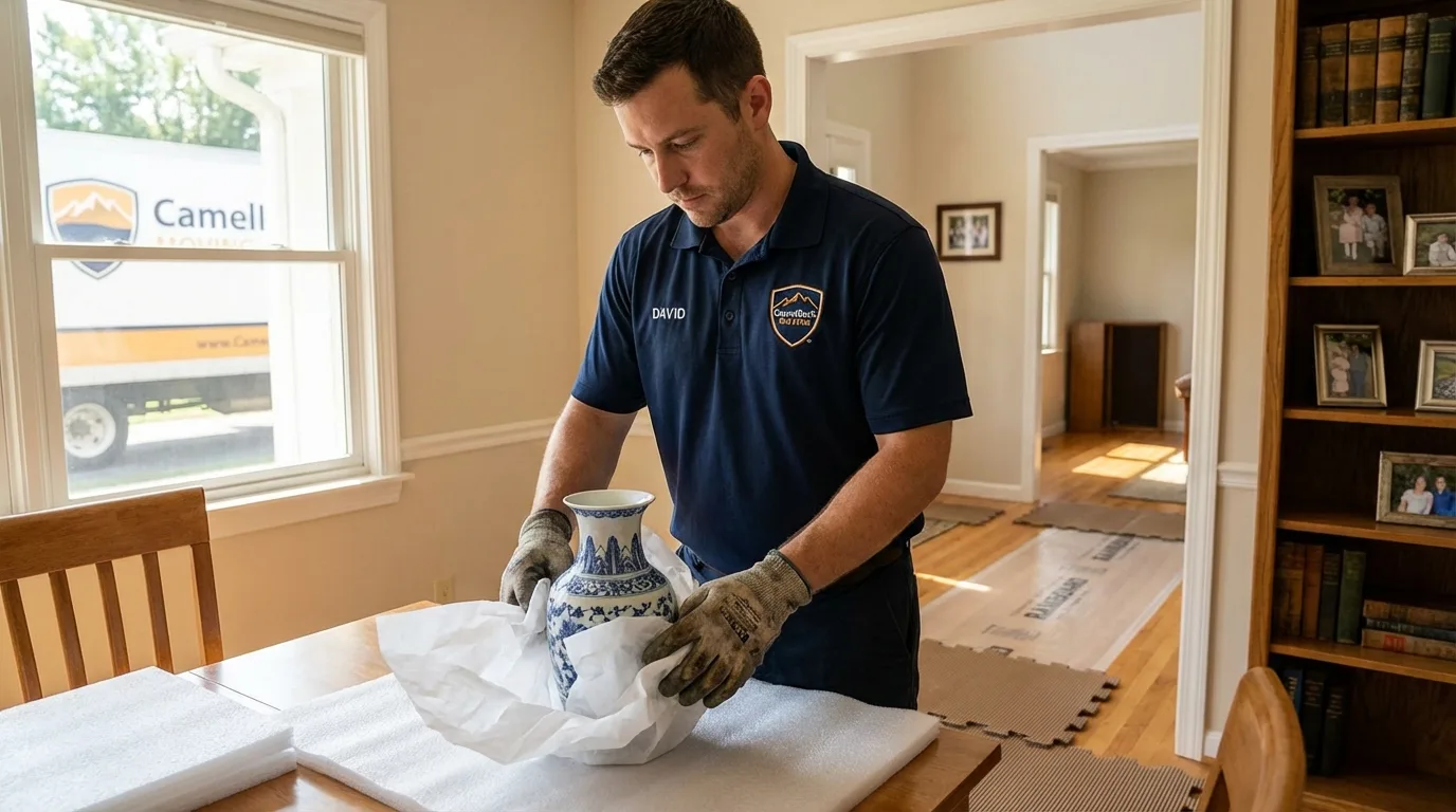 Professional crew carefully wrapping antique vase for senior downsizing move in Placerville, CA